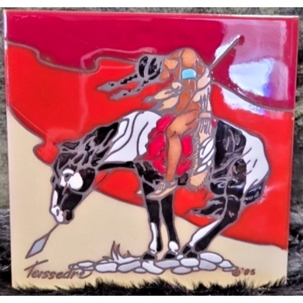 Cleo‎ Teissedre 1985 Art Tile of Native Indian With Horse